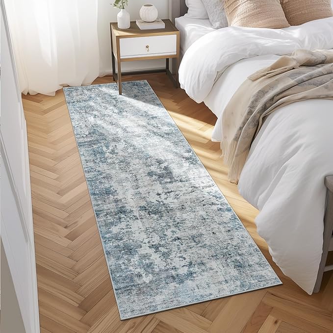 Washable Runner Rug, 2'6" x 8' Non-Slip Kitchen Vintage Foldable Hallway Runners for Entryway, Laundry, Bedroom, Blue