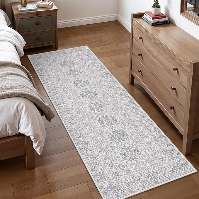 2x6 Runner Rug Kitchen Washable: Oriental Indoor Hallway Runners with Non Slip Backing Floor Mat for Entryway Door Low Pile Thin Carpet for Bedroom Bathroom Living Room Bedside Grey