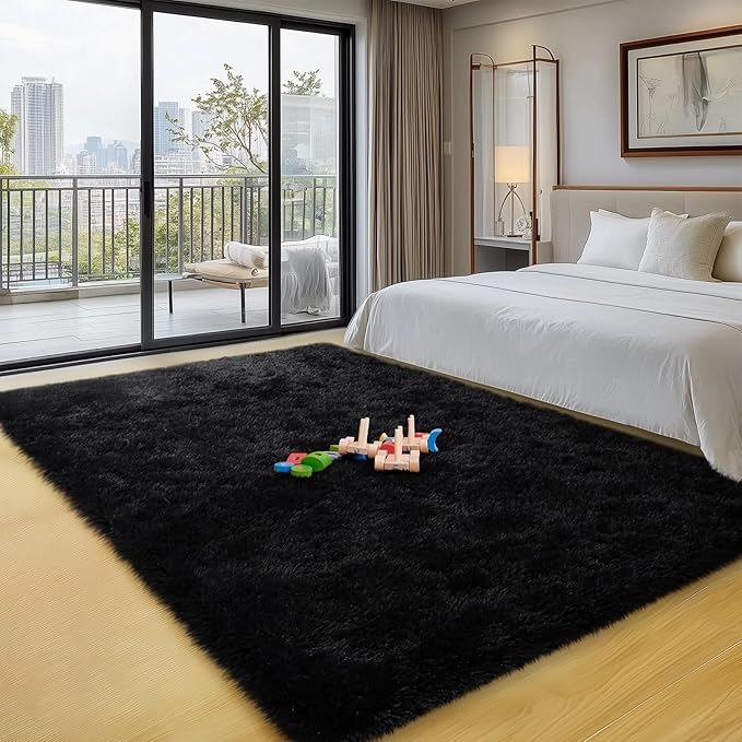 Black Area Rugs for Bedroom, 3x5 Fluffy Soft Shag Rugs for Living Room, Small Fuzzy Plush Shaggy Carpets for Boys and Girls Dorm Room Home Decor (3ft x 5ft, Black)