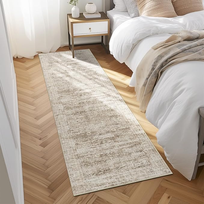 Washable Runner Rug, 2'6" x 8' Non-Slip Kitchen Vintage Foldable Hallway Runners for Entryway, Laundry, Bedroom, Brown