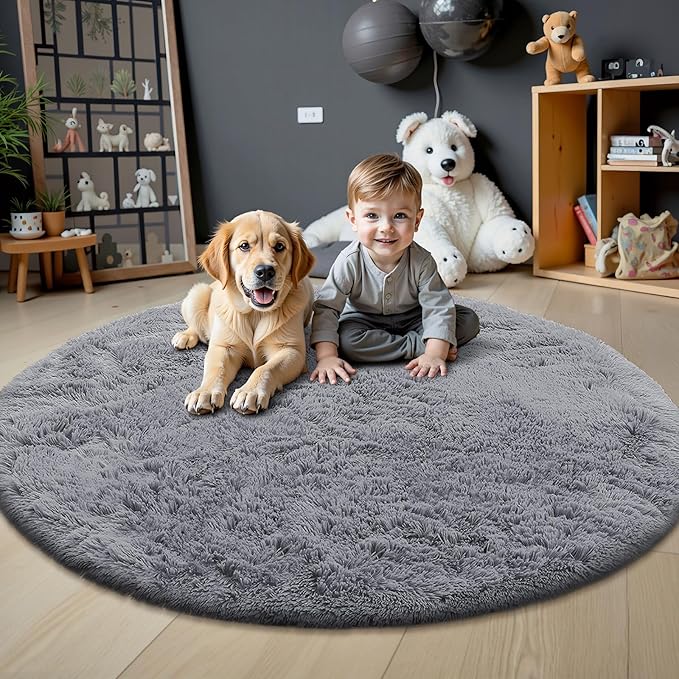 OLANLY Light Grey Round Rugs for Bedroom - Machine Washable, 3x3 Feet Circle Area Rugs for Living Room, Soft and Fluffy Shaggy Carpet for Teen Girl and Boys, Nursery Rooms, Dorms, Home Decor Aesthetic