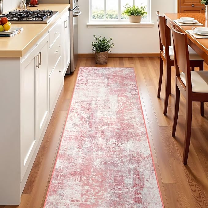Washable Abstract Runner Rug, 2x6 Modern Area Rugs with Non-Slip Rubber Backed for Kitchen, Thin but Soft Contemporary Carpet Bedroom Entryway Hallway Decor, Pink