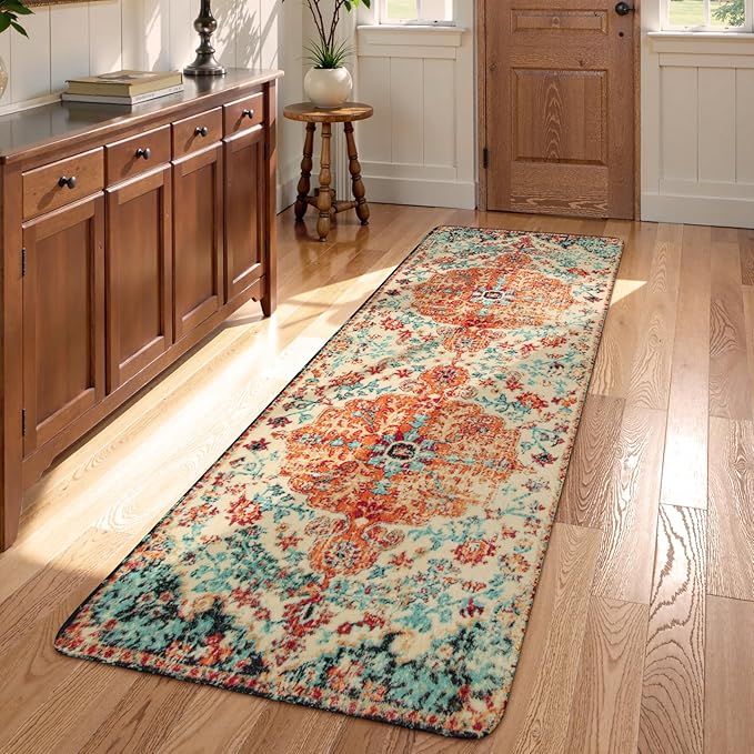 Lahome Bohemian Floral Medallion Rug - 2x5 Laundry Room Mat, Bathroom Runner, Kitchen Mat, Soft Washable Non-Slip Low-Pile Indoor Carpet Decor