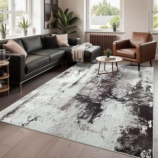 Washable Abstract Rug, 6x9 Modern Area Rugs with Non-Slip Rubber Backed for Living Room, Thin but Soft Contemporary Carpet Kitchen Bedroom Dining Room Decor, Black Brown