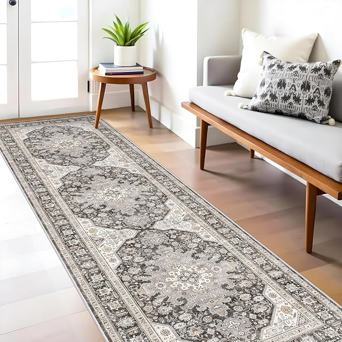 Runner Rug 3x10 - Non Slip Runners for Hallway Washable Oreiental Neutral Entryway Rugs with Rubber Backing Long Indoor Farmhouse Floor Mat Kitchen Soft Low Pile Stain Resitant Thin Carpet 3x10 Grey