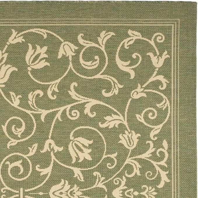 SAFAVIEH Courtyard Collection Area Rug - 6'7" Square, Olive & Natural, Scroll Design, Non-Shedding & Easy Care, Indoor/Outdoor & Washable-Ideal for Patio, Backyard, Mudroom (CY2098-1E06)