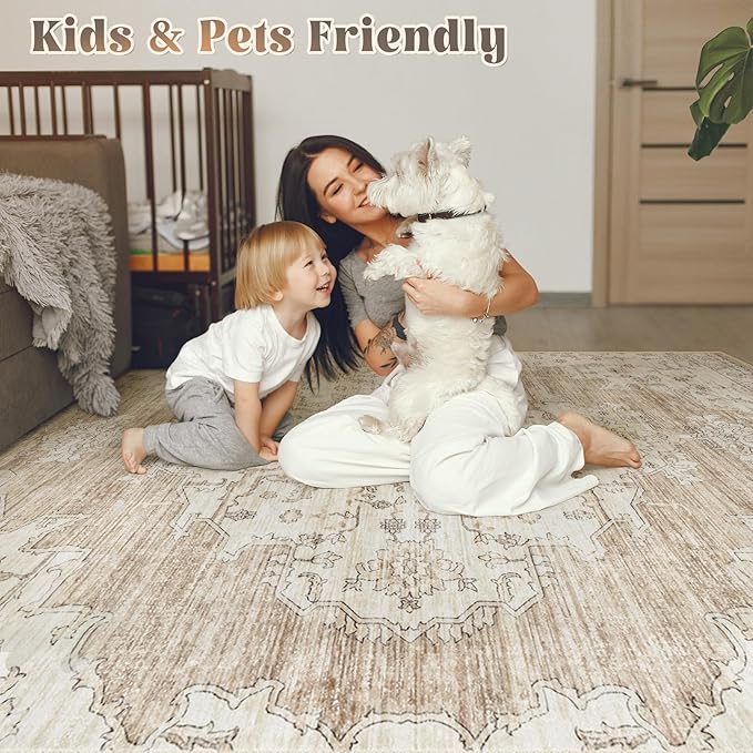 10x14 Area Rugs Washable Rug: Lagre Vintage Living Room Rugs with Non-Slip Backing Low Pile Rug Soft Indoor Floor Carpet Non Shedding Neutral Carpet for Bedroom Dining Room Farmhouse Nursery Beige