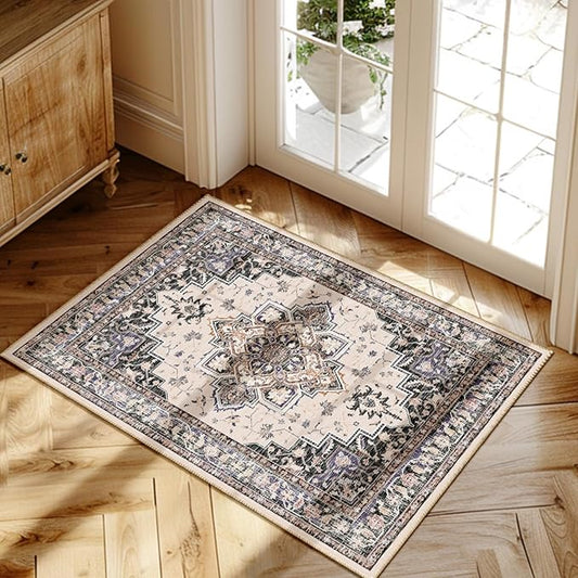 BESTSWEETIE 2x3 Area Rugs for Living Room, Washable Ultra Soft Boho Vintage Print Pattern Rug Non Slip Low Pile Carpet for Dining Room Bedroom Entryway Indoor-Khaki/Beige/Purple/Black