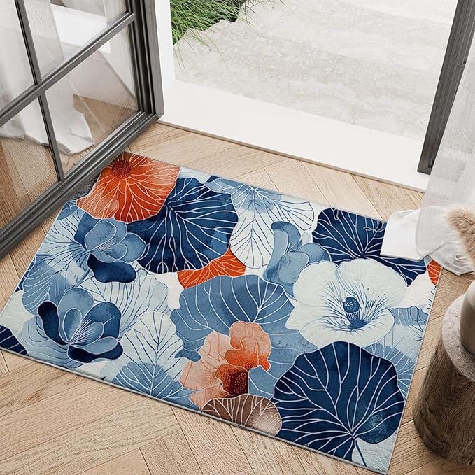 2x3 Entryway Rug Boho Botanical Leaf Japanese Navy Blue Orange Area Rug Ultra-Thin Soft Small Carpet Bathroom Non Slip Indoor Entrance Low Pile Door Mat Kitchen Stain Resistant Washable Machine