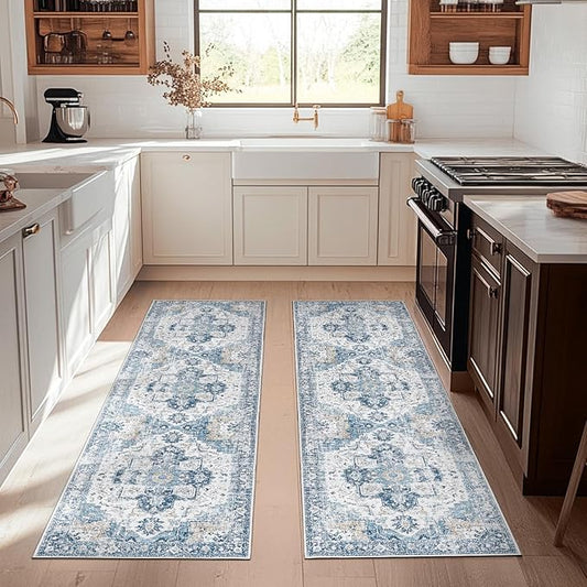 jinchan Runner Rug 2x6-2pcs Hallway Rug Kitchen Washable Runner Vintage Mat Retro Print Lightweight Non-Slip Floor Cover Distressed Thin Carpet for Entryway Bathroom Bedroom Laundry Room Blue