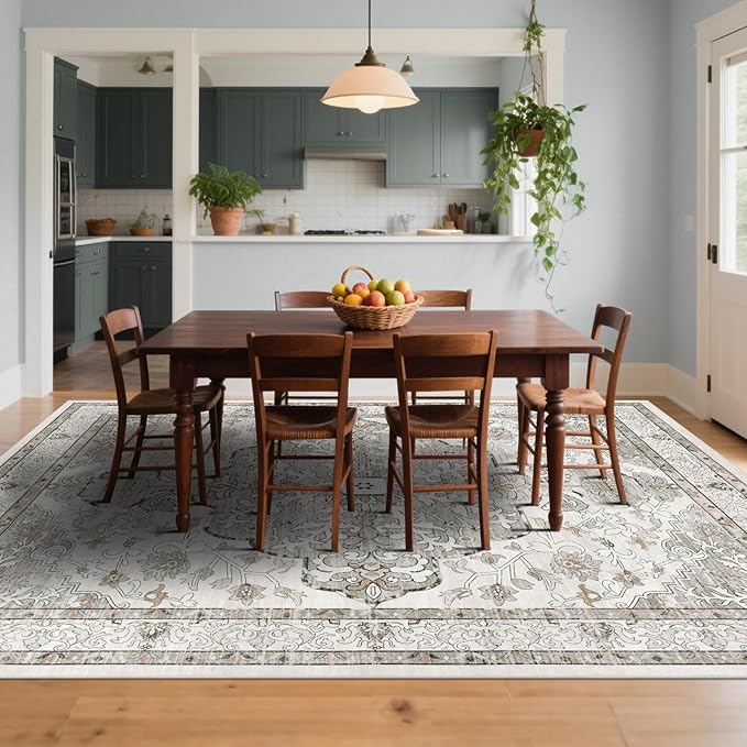 U'Artlines Boho Vintage Area Rug 8x10 Machine Washable Low Pile Soft Floor Carpet Non Slip Non Shedding Accent Rug for Living Room Bedroom Entryway Dining Room Office Grey Taupe