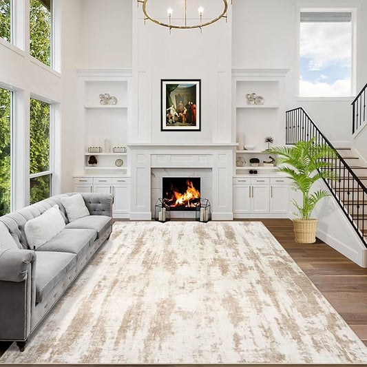 10x14 Area Rugs Washable Rug: Modern Abstract Living Room Rug Soft Anti-Skid Thin Carpet Indoor Floor Non-Shedding Carpets for Bedroom Dining Room Farmhouse Nursery Home Office - Brown Ivory