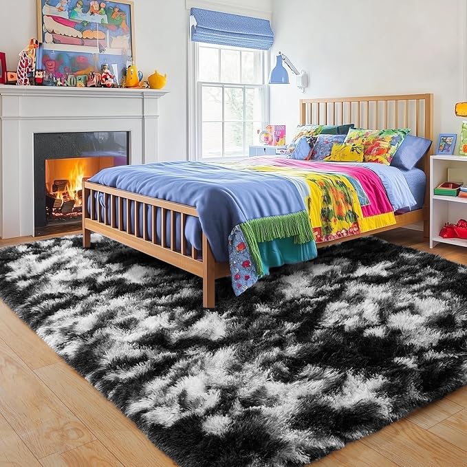 Black and White Rug for Bedroom, 4x6 Fluffy Plush Area Rugs Anti-Skid Floor Carpets, Ultra Soft Modern Indoor Shag Rug for Living Room Kids Nursery Room Dorm Home Decor Aesthetic