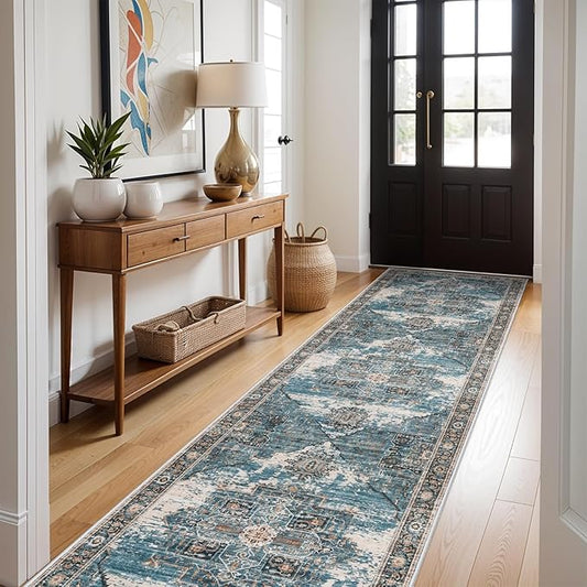 RUUGME Washable 3x12 Runner Rug - Boho Rugs for Living Room Stain Resistant Carpet Vintage Tribal Rugs for Bedroom Kitchen Bathroom Non Slip Backing Decor Floor Decoration Mat 3x12 Blue