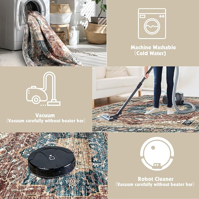 Vintage Area Rug, Washable Rugs 3x5 for Bedroom, Small Distressed Medallion Rug for Kitchen Entryway Bathroom Living Room Office Carpet