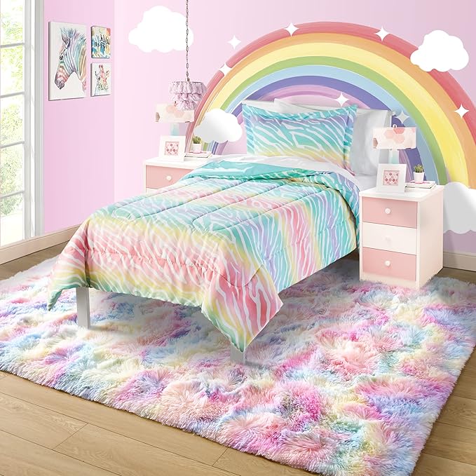 Noahas 3x5 Fluffy Pink Kids Rugs for Room,Rainbow Rug for Girls Bedroom,Soft Playroom Shag Nursery Carpets Room Decor