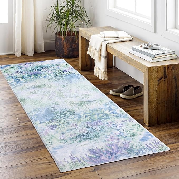 Carvapet Rugs for Hallway Laundry Bedroom, Modern Floral Low Pile Long Carpet with Rubber Backing, Foldable, Non Slip Machine Washable (6 x 2 Feet Rectangular, Dream Garden Runner Rug)