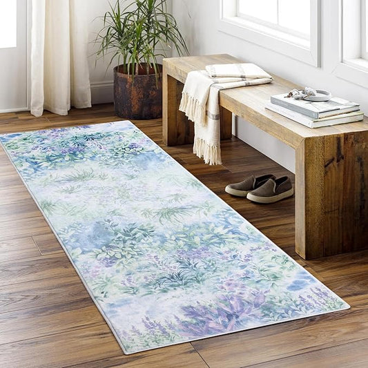 Carvapet Rugs for Hallway Laundry Bedroom, Modern Floral Low Pile Long Carpet with Rubber Backing, Foldable, Non Slip Machine Washable (6 x 2 Feet Rectangular, Dream Garden Runner Rug)
