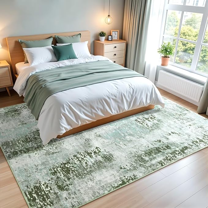 Washable Abstract Rug, 5x7 Modern Area Rugs with Non-Slip Rubber Backed for Living Room, Thin but Soft Contemporary Carpet Kitchen Bedroom Dining Room Decor, Green