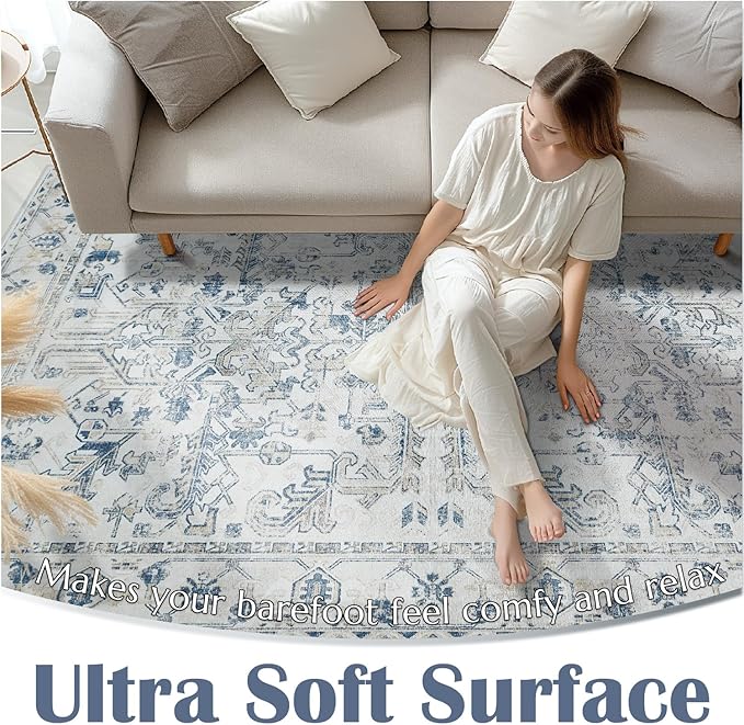 jinchan Hallway Runner Rug 3x10 Washable - Vintage Floral Non Slip Low-Pile Soft Ultra-Thin Faux Wool Kitchen Rug Distressed Carpet Runner for Farmhouse Bedroom Laundry (3x10ft,Blue)