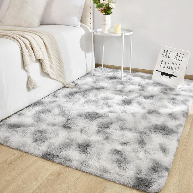 TWINNIS Super Soft Shaggy Rugs Fluffy Carpets 7x10 Feet, Indoor Modern Plush Area Rugs for Living Room Bedroom Kids Room Nursery Home Decor, Upgrade Anti-Skid Fuzzy Rug, Grey and White