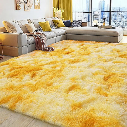 6x9 Fluffy Fuzzy Area Rug for Living Room Bedroom, Ultra Soft Large Living Room Rugs, Non Slip Thick Shag Rug for Dorm, Kids Girls Boys Rug for Home Decor Aesthetic, Tie-Dyed Yellow