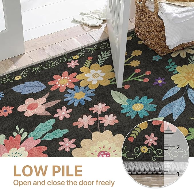 Bavni 4x6 Rugs for Living Room, Lightweight Machine Washable Non Slip Area Rug, Foldable Floral Rugs for Bedroom Dining Room Kids Room, Ultra-Thin Aesthetic Boho Black