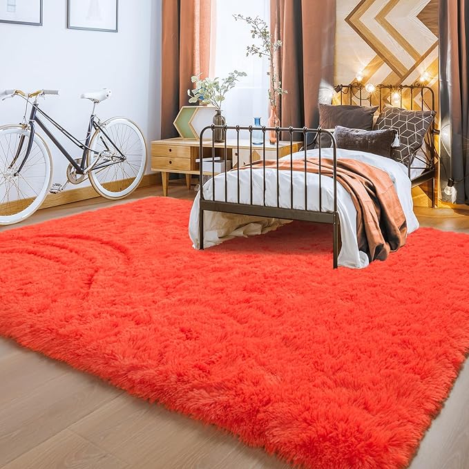 YJ.GWL Area Rugs for Living Room Bedroom, 4x6 Machine Washable Large Orange Carpet, Soft Fluffy Shaggy Thick Big Shag Indoor Floor Rug for Kids Boy and Girls Room Dorm Home Decor Aesthetic