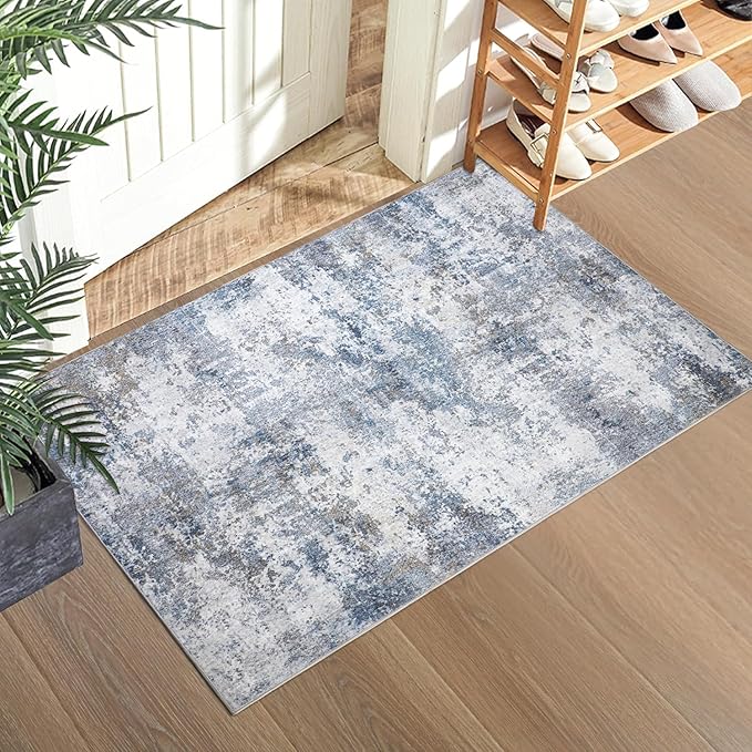 2x3 Entryway Rugs Grey Blue Machine Washable Area Rug Entrance Door Mat Indoor Accent Rug Abstract Non Slip Low Pile Carpet Distressed Throw Rug for Kitchen Bedroom Office