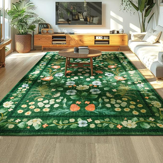 Area Rugs for Living Room, Non-Slip 4x6 Washable Rug for Bedroom,Vintage Floral for Entryway Office Kitchen Dining Room, Green