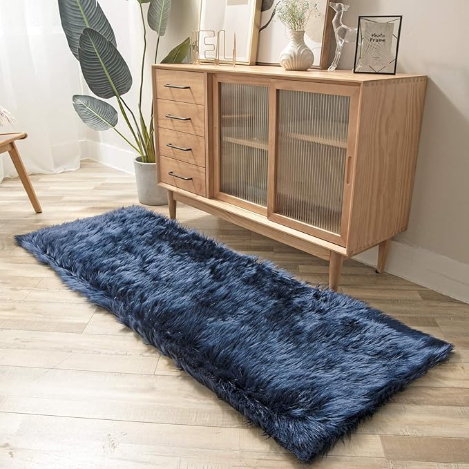 Ashler Faux Fur Rug, Fluffy Shaggy Area Rug, Ultra Soft 2.2 x 6 Feet Rectangle, Navy Blue Fuzzy Machine Washable Shag, Nursery Decor Throw for Bedroom, Kids Room, Living Room