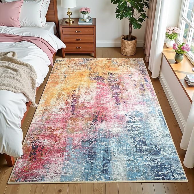 3x5 Colorful Washable Area Rug for Living Room Bedroom, Modern Abstract Non-Slip Rugs, Low Pile Soft Stain Resistant Carpet for Dining Room, Kitchen, Office, Dorm, Bedside Decor