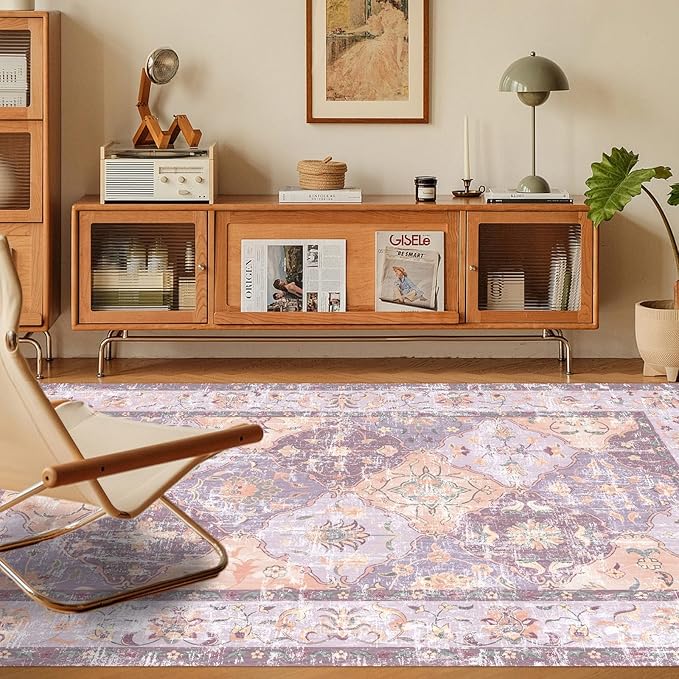 Washable Boho Vintage Purple Area Rugs 4×6 Traditional Mauve Carpert for Girls' Room Nursery Living Room Bedroom Dining Room Non-Slip