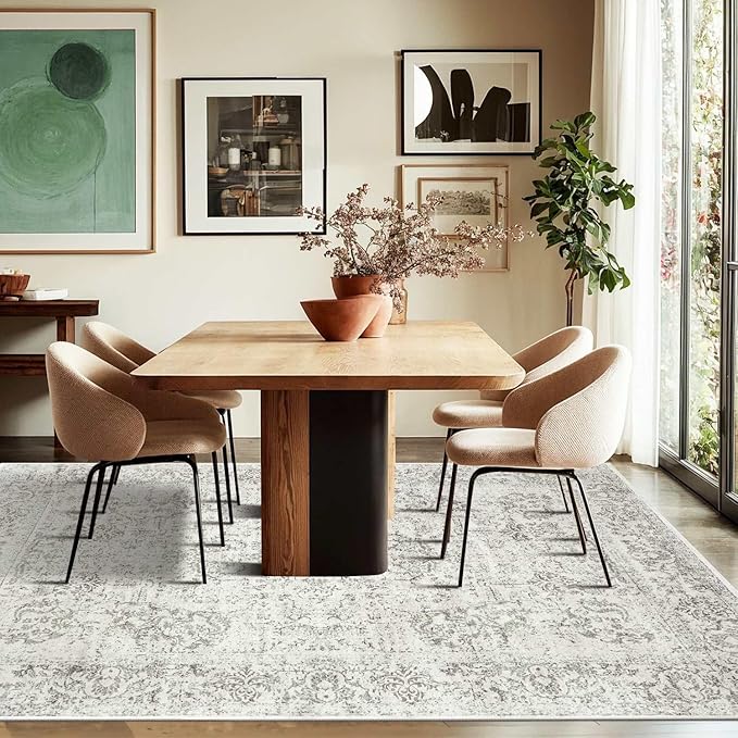 4x6 Washable Area Rug for Living Room, Neutral Vintage Boho Rugs for Office, Dining Room, Kids Room, Farmhouse, Durable Low Pile Non Slip Carpet for High Traffic Areas, Light Grey