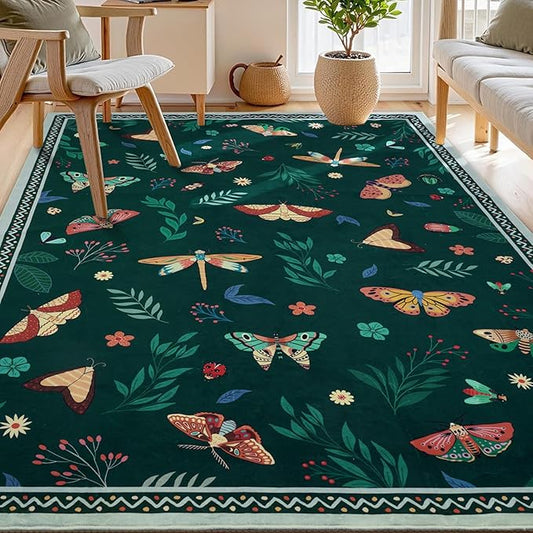ASPMIZ Insect Area Rug 3X5, Dark Green Bedroom Rug Non Slip, Spring Summer Washable Rug Farmhouse Butterfly Living Room Rugs Low Pile, Soft Faux Wool Throw Carpet for Entryway, Nursery, Dark Green