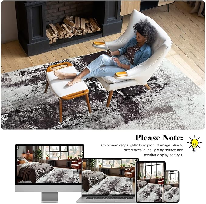 Washable Abstract Rug, 6x9 Modern Area Rugs with Non-Slip Rubber Backed for Living Room, Thin but Soft Contemporary Carpet Kitchen Bedroom Dining Room Decor, Black Brown