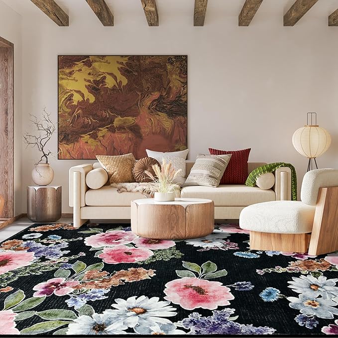 YJ.GWL Floral Black Area Rug for Living Room - 5x7 Washable Rug Soft Low Pile Stain Resistant Throw Accent Rug Carpets for Bedroom Dining Room Kids Nursery Room Office Kitchen