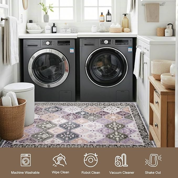 2x3 Small Washable Area Rug for Entryway, Boho Non-Slip Indoor Kitchen Rugs, Moroccan Floral Trellis Carpet Soft Low Pile Vintage Throw Mat for Bedroom Bathroom Front Door, Teal/Grey