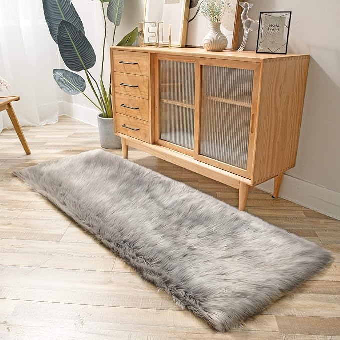 Ashler Faux Fur Rug, Fluffy Shaggy Area Rug, Ultra Soft 2.2 x 6 Feet Rectangle, Grey Fuzzy Machine Washable Shag, Nursery Decor Throw for Bedroom, Kids Room, Living Room