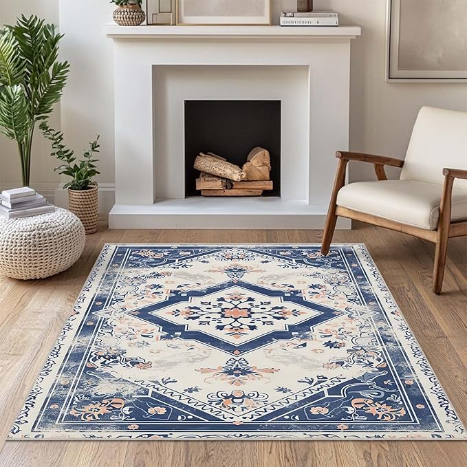4x6 Rug Vintage Oriental Navy Blue Boho Beige Area Rug Bedroom Thin Low Pile Large Carpet Living Room Non Slip Dining Room Office Stain Resistant Washable Machine