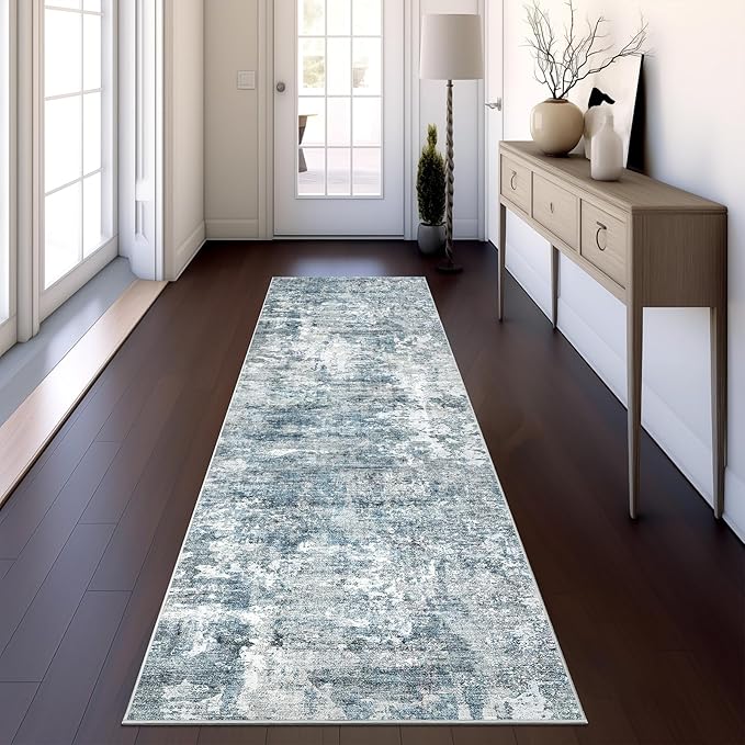 Runner Rug 2'x8' Abstract Washable Non-Slip Runner Rugs for Kitchen Bathroom Laundry Room Blue Vintage Floor Carpet Runners for Hallway Entryway