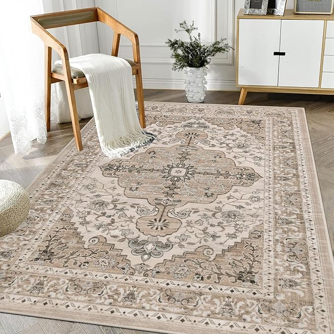 U'Artlines Boho Vintage Area Rug 3x5 Machine Washable Low Pile Soft Floor Carpet Non Slip Non Shedding Accent Rug for Living Room Bedroom Entryway Dining Room Office Beige Brown