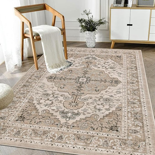 U'Artlines Boho Vintage Area Rug 3x5 Machine Washable Low Pile Soft Floor Carpet Non Slip Non Shedding Accent Rug for Living Room Bedroom Entryway Dining Room Office Beige Brown