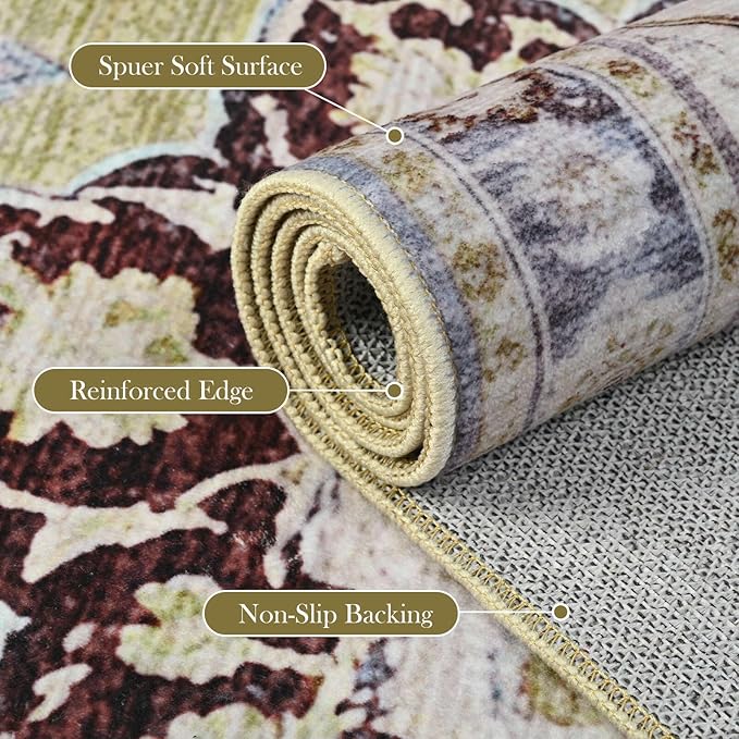 Vintage 3x5 Rug, Entryway Rug with Non Slip Backing, Soft Washable Area Rug for Indoor Entry, Low Pile Stain Resistant Non-Shedding Carpet for Bedroom, Living Room, Entryway, Green