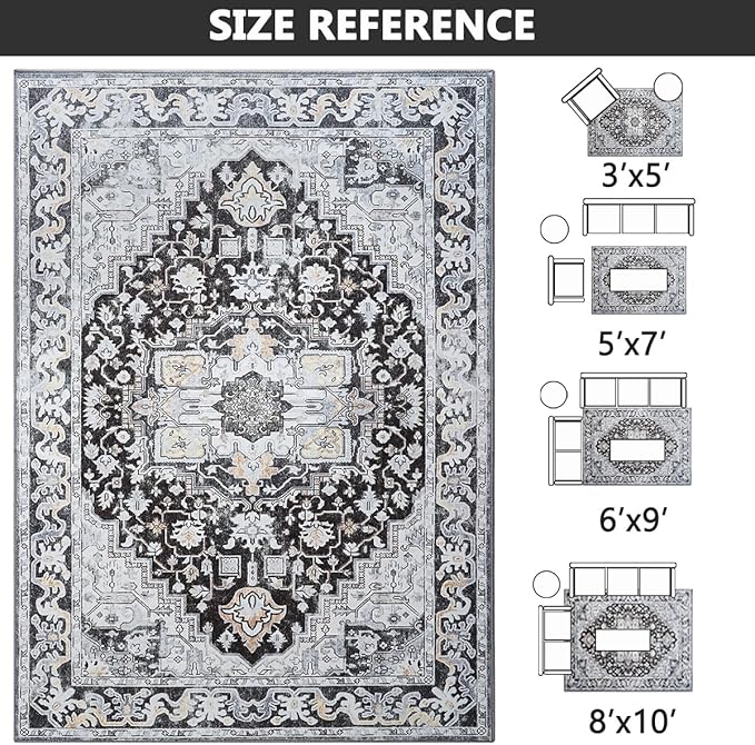 Washable Vintage Area Rugs 3x5, Low Pile Carpet, Non-Slip Distressed Rug for Bedroom, Living Room, Dining Room, Entryway, Black