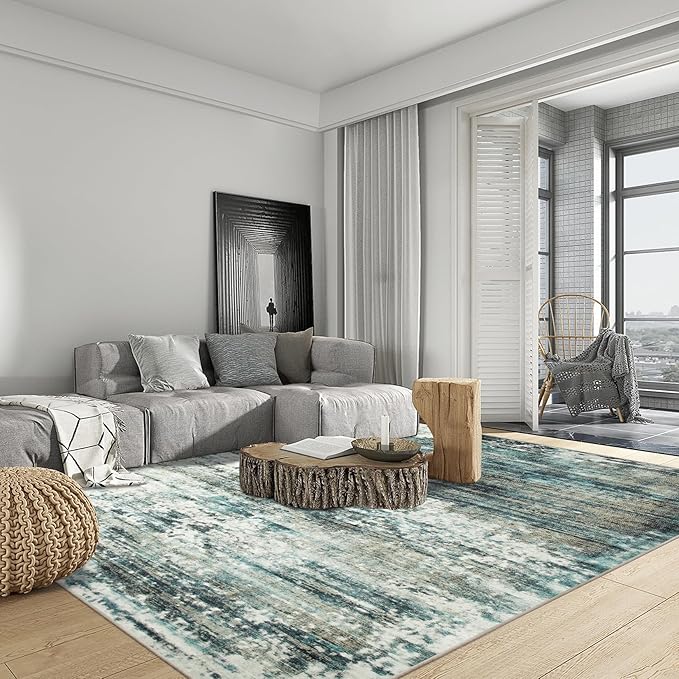 5x7 Area Rugs Washable Rug: Modern Abstract Living Room Rug Soft Anti-Skid Thin Carpet Indoor Floor Non-Shedding Carpets for Bedroom Dining Room Farmhouse Nursery Home Office - Green Multi
