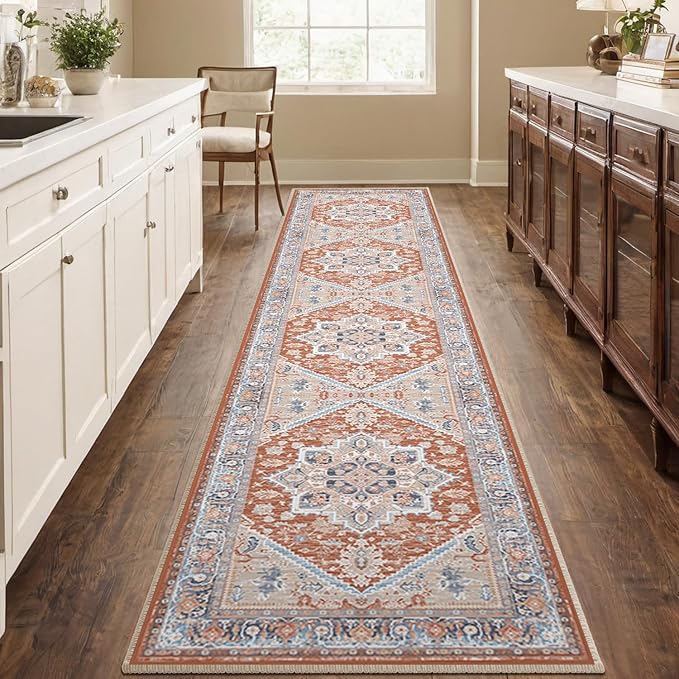 BESTSWEETIE 2x10 Area Rugs for Living Room Washable Non Slip Carpet Low Pile Soft Vintage Print Pattern Rug for Bedroom Dining Room Kitchen Entryway Indoor-Brick/Blue/Light Ivory
