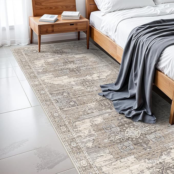 RUUGME Washable 3X8 Runner Rugs - Large Boho Rugs for Living Room Stain Resistant Carpet Vintage Tribal Rugs for Bedroom Kitchen Bathroom Non Slip Backing Home Decor Floor Decoration Mat 3x8 Beige