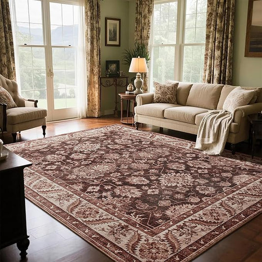 Area Rugs for Living Room, Washable 5x7 Area Rug for Bedroom, Retro Floral Non-Slip Carpet for Nursery Home Office Dining Room Kitchen, Brownish Red