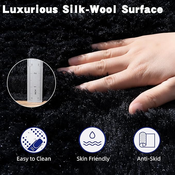Black Fluffy Rug for Bedroom 9x12 ft Large Rug - Ultra Soft & Non Slip Shaggy Area Rug, Comfy Durable Carpet for Living Room Kids Room Teens Dorm Home Decor, 1.7'' Thick Indoor Plush Carpets